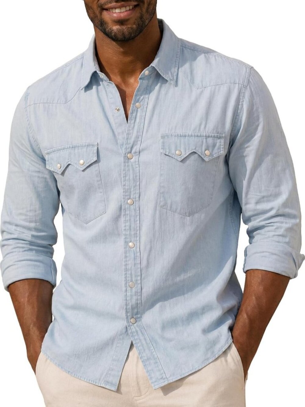 Stylish Men's Western Pearl Snap Denim Shirt - Long Sleeve Linen Blend Top